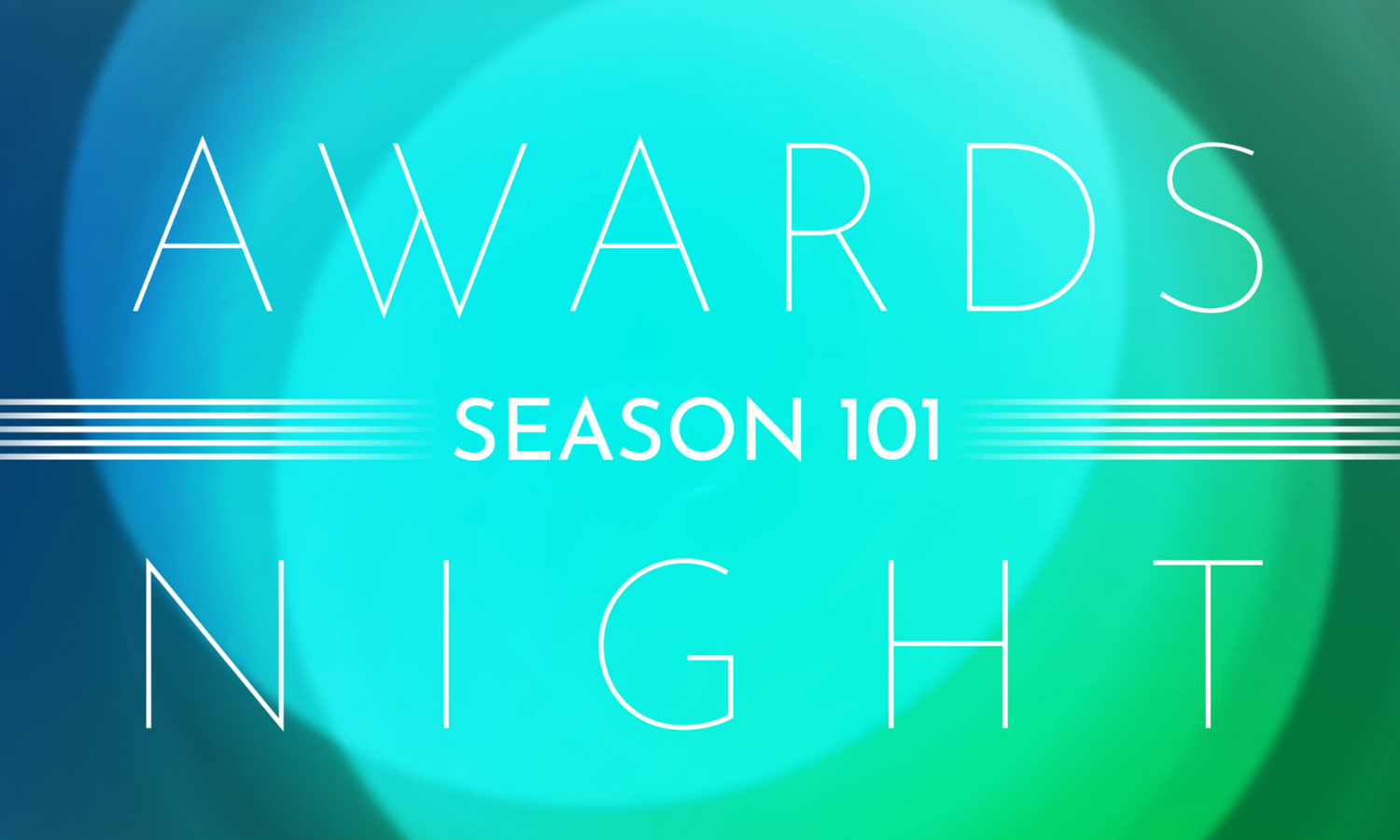 A blue and green spotlight shines on the background. Text reads "Season 101 Awards Night."